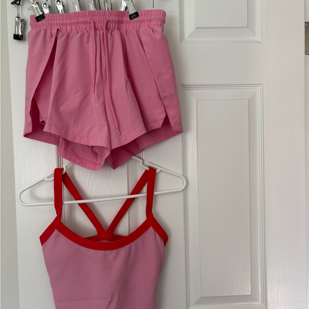 Willow Pink One-Piece Swimsuit with Red Trim and Matching Pink Swim Shorts